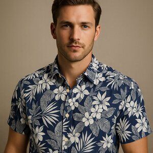 Tommy Bahama Navy & White Floral Print Short Sleeve Button-Up Shirt – Size M